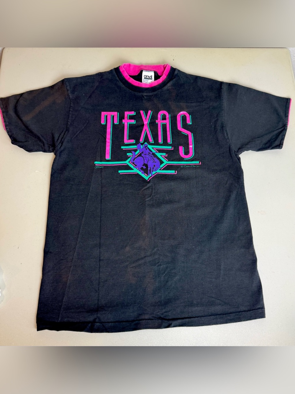 Vtg 80s 90s Texas Neon Cowboy Bronco T Shirt Anvil Single Stitch Black Retro Lg